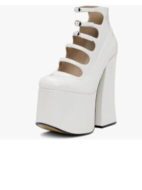 YDN White Patent Platform Pumps Round Toe Chunky High Heels Strappy Buckled Shoe